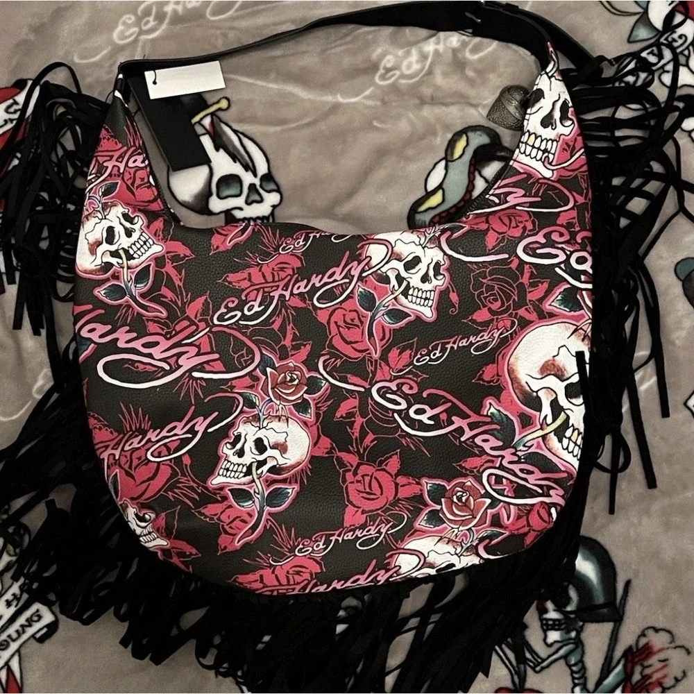 NEW ED HARDY FRINGE Large Hobo Purse SKULLS  FLOWERS BLACK and Red NWT